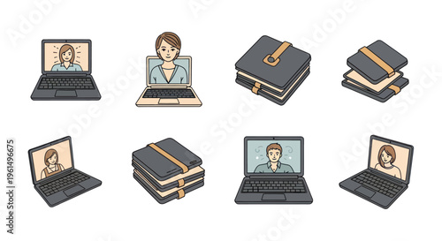 Set of cartoon laptops with video call portraits and stacked notebooks with straps, remote communication and work concept illustrations