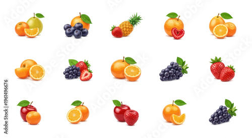 Assorted fresh fruits collection including oranges, blueberries, pineapples, strawberries, apples, and grapes isolated on white background, healthy food concept
