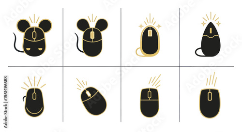 Set of creative computer mouse icons with mouse ears and glow effects, modern minimalist tech and gadget digital device illustrations for web and app design