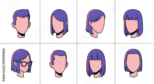 Cartoon purple hairstyle icons set with various short haircuts and faceless avatars for character design and creative projects