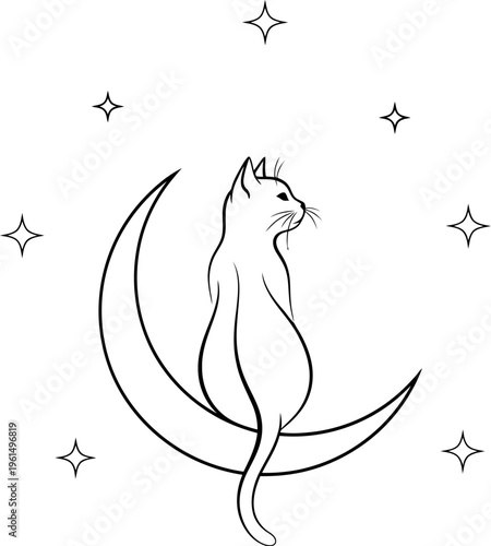 Minimalist line art drawing depicts a graceful cat sitting serenely upon a crescent moon surrounded by twinkling stars