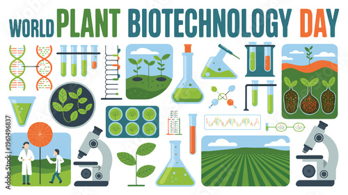World plant biotechnology day illustration with scientific and agricultural elements, research, genetics, test tube