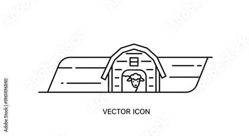 Pastoral farm barn and friendly sheep line icon vector illustration for agricultural design