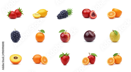 Collection of colorful fresh fruits including strawberries, lemons, blackberries, apples, oranges, plums, and mandarins isolated on white background, healthy food concept