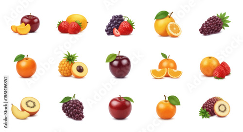 Collection of fresh assorted fruits including apples, strawberries, grapes, oranges, pineapples, and kiwis isolated on white background, healthy eating concept