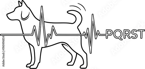 Veterinary line art illustration of a dog with an electrocardiogram waveform showing a PQRST complex, representing pet heart health and animal care.