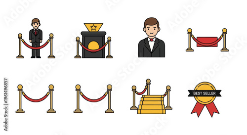Set of red carpet ropes with stanchions, golden stairs, award podium, best seller badge, and male business character illustration, perfect for event and luxury themes