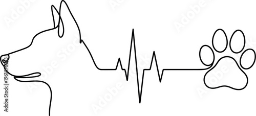 A beautiful continuous line drawing illustrates the deep connection between a beloved pet dog, its vital heartbeat, and its endearing paw print, symbolizing loyalty and companionship.