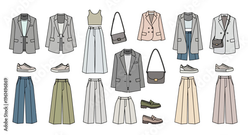 Collection of womens clothing and accessories.