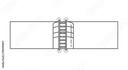 Abstract technical line drawing depicting a ladder bridging a cylindrical segment within a long