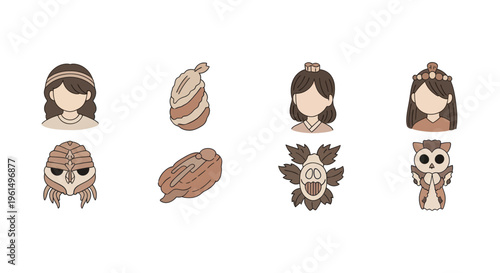 Set of tribal and fantasy character icons featuring traditional masks, headpieces, and stylized faces for game design or storytelling projects
