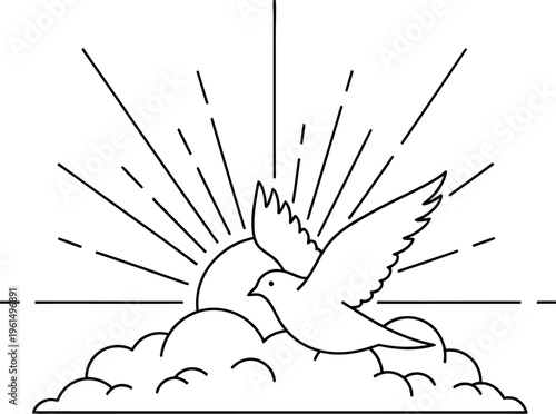 Minimalist line art drawing depicts a peaceful dove flying upward over stylized clouds during a bright sunrise or sunset