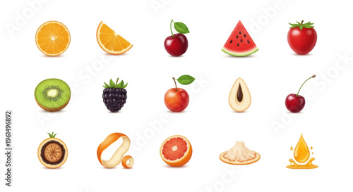 Collection of various fresh fruit icons including orange, cherry, watermelon, kiwi, blackberry, and juice drop for healthy food and beverage design