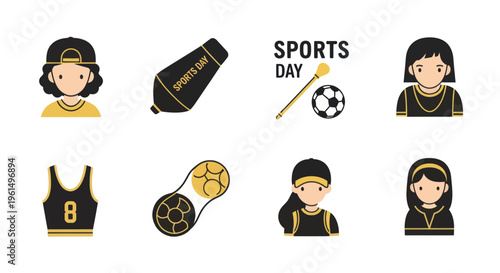 Sports day icons set with athletes, cheer megaphone, soccer ball, basketball jersey, and lacrosse stick, perfect for sports event design and promotion