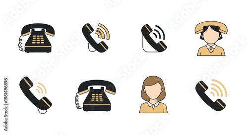 Set of vintage and modern telephone icons with person avatars for communication and customer service concepts, suitable for UI design and presentations