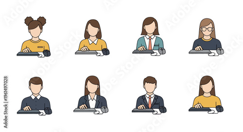 Flat design diverse office workers using computers with mouse and keyboard, businesspeople at work, remote work concept, teamwork illustration