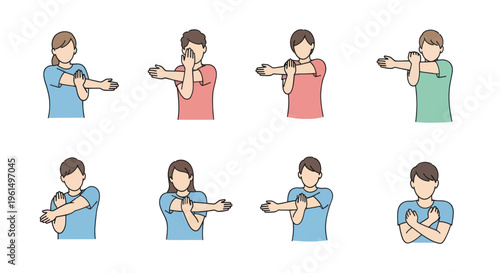 Group of faceless people doing arm stretches and warm-up exercises, fitness and health concept illustration for workout routines