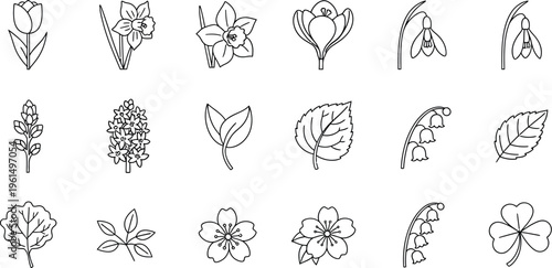 Collection of eighteen distinct black and white outline icons depicting various spring flowers and foliage elements for seasonal design projects