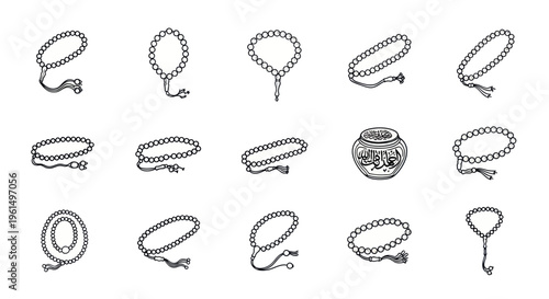 Hand-drawn Muslim prayer beads set with Islamic jar, religious rosary illustrations for spiritual and cultural design use