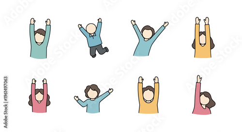 Happy people celebrating with raised hands, joyful simple cartoon characters expressing excitement, success, and positivity illustration, ideal for social media and presentations