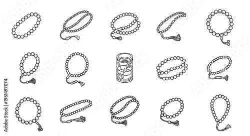 Line art collection of prayer bead bracelets and a candle with flowers, spiritual and meditation accessories, religious symbols, vector illustration