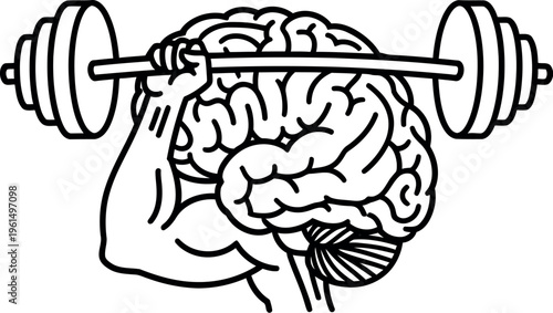 Black and white line art illustrates the concept of intense mental workout symbolizing brain strength development through heavy weightlifting exercises.