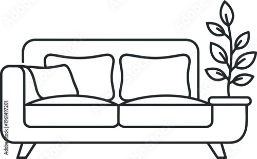 Schilderij op canvas Minimalist line art illustration featuring a comfortable two-seater sofa with throw pillows, perfectly complemented by a potted plant, representing modern interior design and cozy home decor concepts