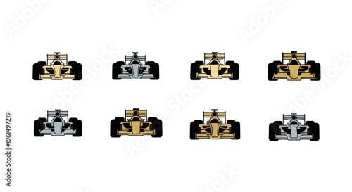 Set of front view race cars icons in gold and silver colors, motorsport and speed symbols, perfect for racing or automotive design