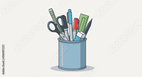 Colorful office supplies in container.