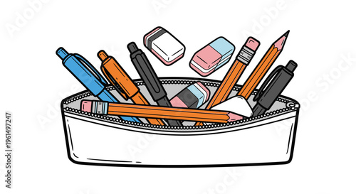 Colorful pencils and pens in container.