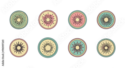 Set of vintage hand-drawn kiwi fruit slices in pastel colors, ideal for food packaging, labels, and tropical design projects