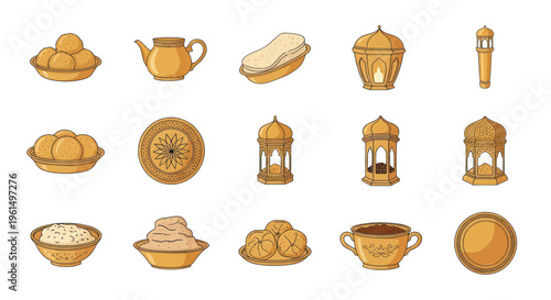 Traditional Middle Eastern tea set with spices, sweets, and decorative lanterns, perfect for cultural, culinary, and festive design projects