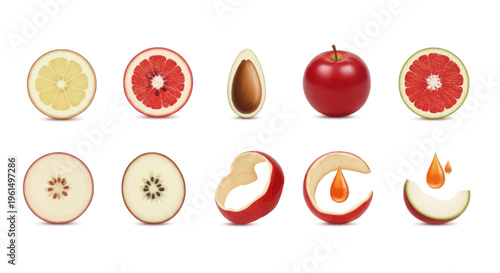 Vector illustration set of various sliced fruits including apple, grapefruit, and avocado with juice drops, perfect for healthy and fresh food designs