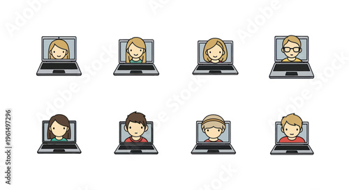 Virtual meeting illustration with diverse cartoon avatars on laptop screens, ideal for remote work, online communication, and video conferencing concepts