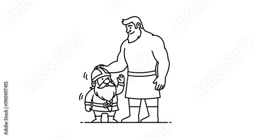 A heartwarming friendship between a giant and a gnome in a minimalist outline drawing showcasing