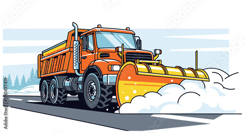 Large orange snowplow truck clearing road.