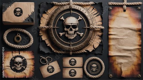 Pirate themed elements: skull and crossbones, compass rose, map scrolls, rope, and wooden plaque for adventure design