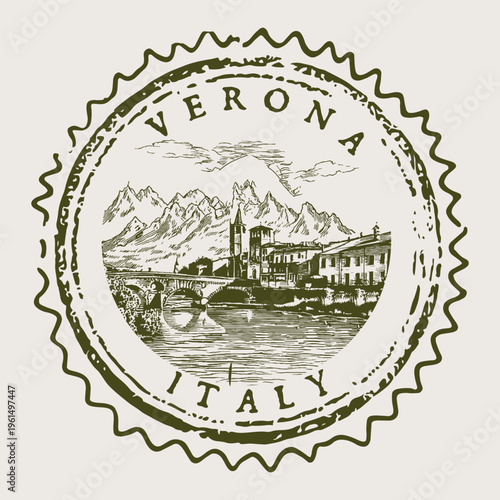 Verona Italy Historic Adige River Skyline Passport Cancellation Stamp Postmark Travel