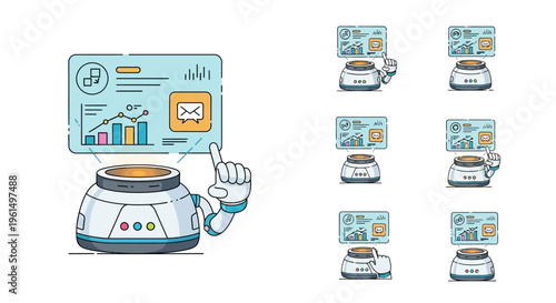 Robot pointing to digital screen.