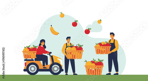 People carrying baskets of fresh produce.