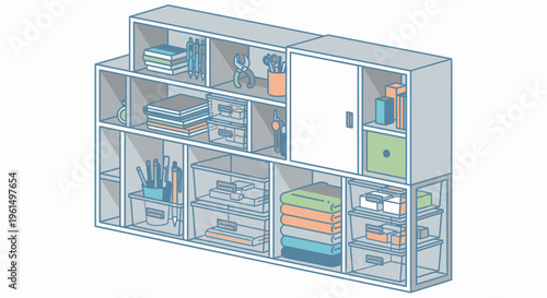 Shelving unit with storage compartments.