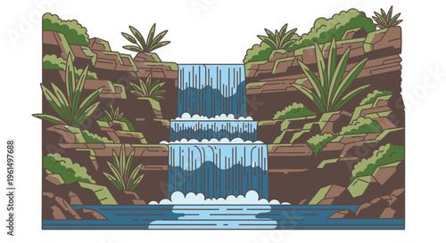 Waterfall Cascading Down Rocky Cliffside.