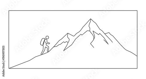 Minimalist line drawing depicting a solitary hiker ascending a rugged mountain peak, symbolizing