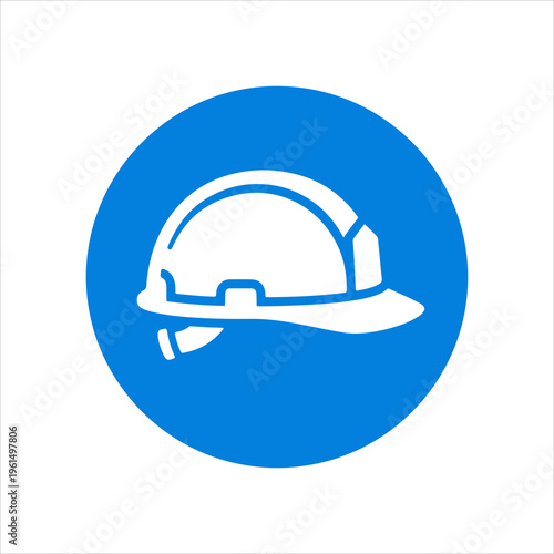 White hard hat icon on a blue circular background.