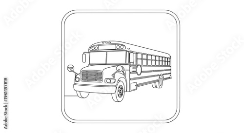 Detailed line art rendering of a traditional student transport vehicle for educational graphics