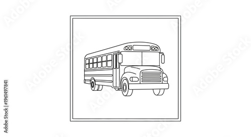 Detailed monochromatic line art depiction of a classic school bus, illustrating educational