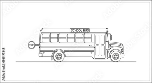 Minimalist line art illustration of a classic school bus with an extended stop sign for safety
