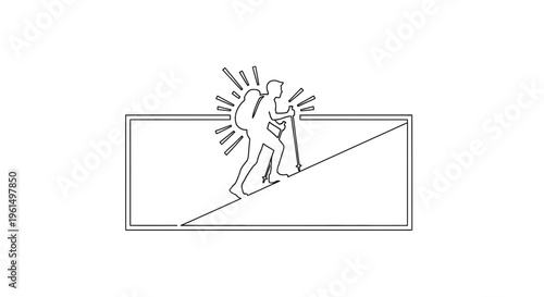 Dynamic one line drawing of a determined backpacker hiking uphill with radiant energy, symbolizing