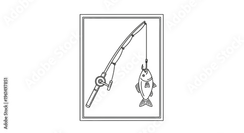 Minimalist line art illustration featuring a fishing rod with a successful catch, depicting