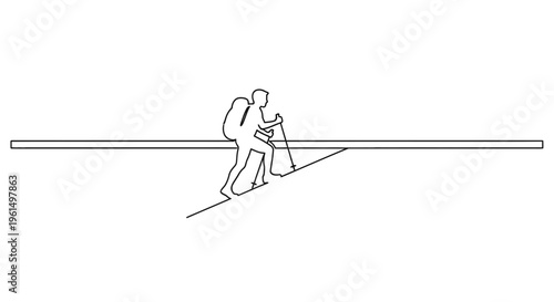 Minimalist continuous line drawing of a hiker ascending a steep mountain path with trekking poles